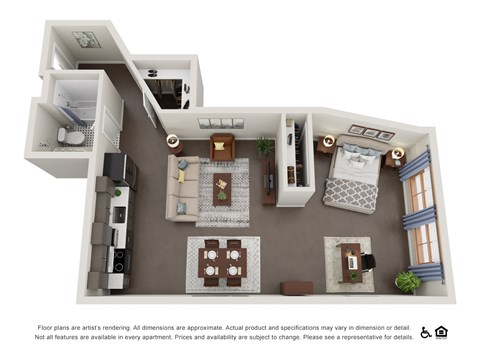 A floor plan of an apartment with a kitchen, living room, and bedrooms.